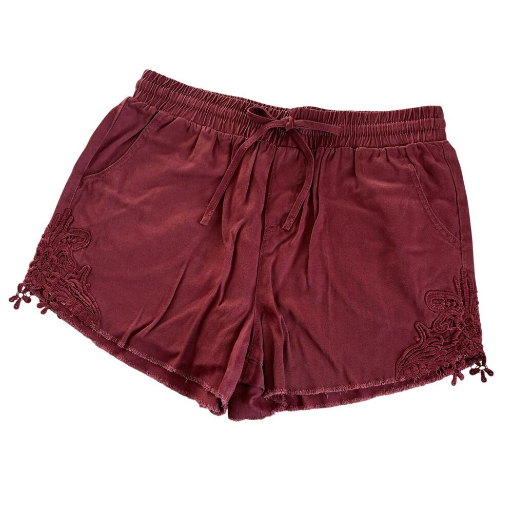 Knox Rose Burgundy Floral Crochet Elastic Tie Waistband Shorts Size Small